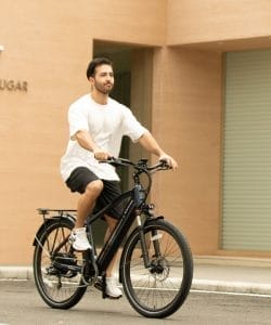 Rider on a Mokwheel commuter electric bike