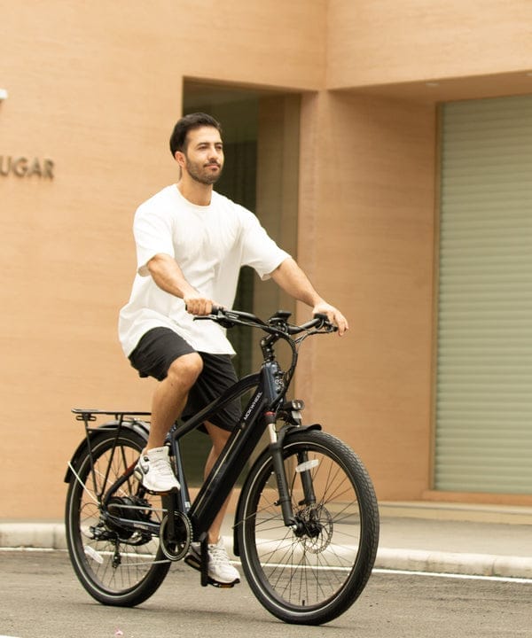 Rider on a Mokwheel commuter electric bike